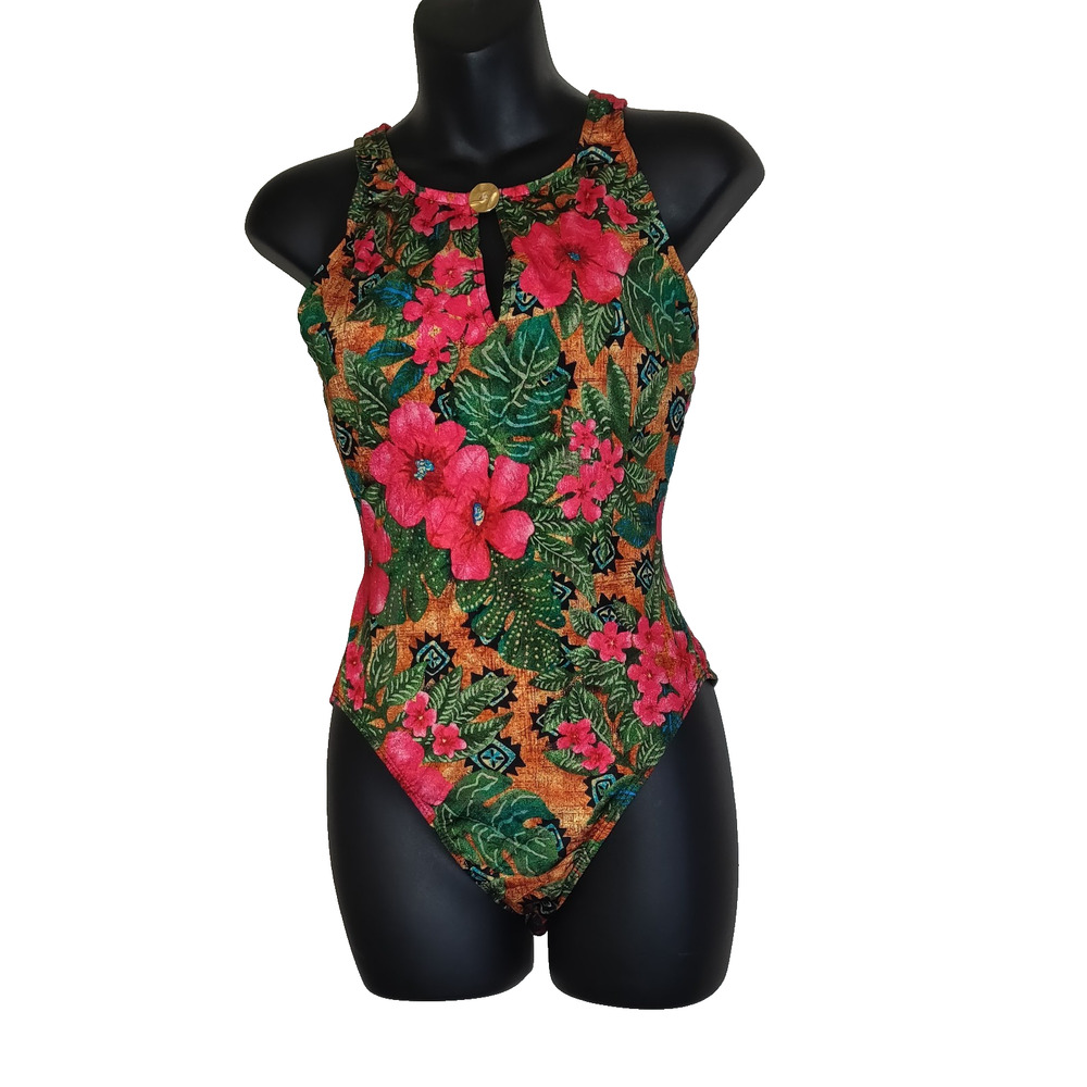 Vintage Athena Swimsuit Sz 8 Tropical Hawaiian Floral Keyhole Front USA - Picture 1 of 16